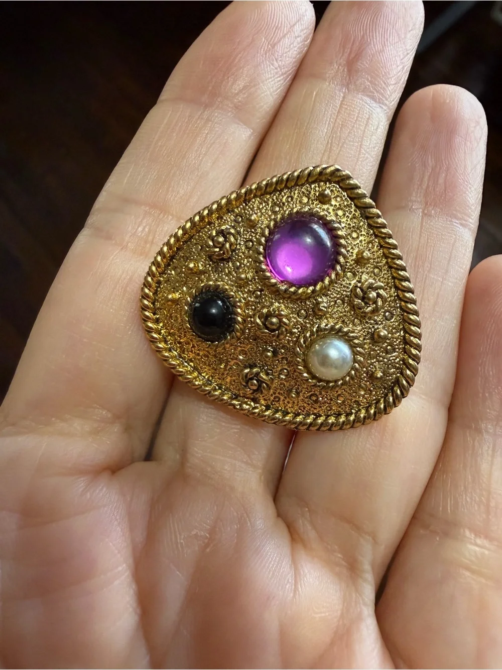 VTG 1960s Mid Century Gold Filigree Brooch Purple Black Pearl Statement Pin